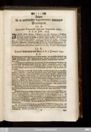 Lit. B. Extract Schreibens aus Wien d. d. 7. Ianuarii 1747.