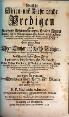 Christliche Sitten- und Lehr-reiche Predigen auf alle Sonn- und Feyertäge, 2