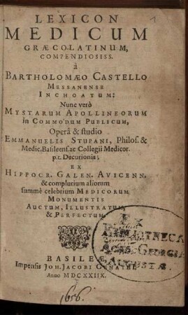 Lexicon Medicum Graeco-Latinum, Compendiosiss.