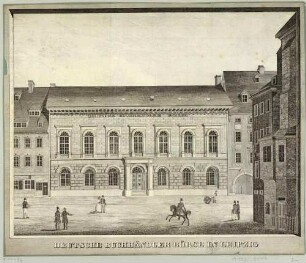 Die Buchhändlerbörse am Nikolaikirchhof in der Ritterstraße 12 in Leipzig, von 1836 bis 1888 Sitz des Börsenvereins der Deutschen Buchhändler, aus einem Bilderbogen mit 16 weiteren kleineren Ansichten
