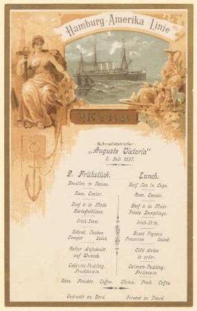 Menükarte : Menü 2. Frühstück / Lunch, Schnelldampfer "Auguste Victoria"
