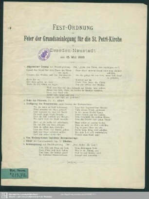 Fest-Ordnung zur Feier der Grundsteinlegung für die St. Petri-Kirche in Dresden-Neustadt am 15. Mai 1889