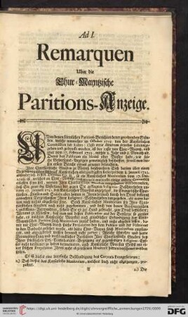 Ad I. Remarquen ueber die Chur = Mayntzische Paritions - Anzeige