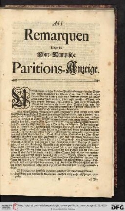 Ad I. Remarquen ueber die Chur = Mayntzische Paritions - Anzeige