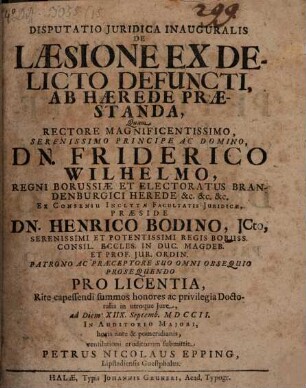 Disp. iur. inaug. de laesione ex delicto defuncti ab haerede praestanda