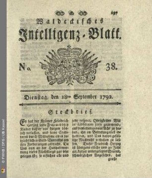 No. 38. Dienstag, den 18ten September 1792