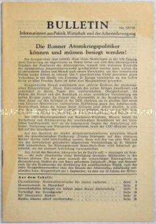 Illegales Informationsblatt der KPD "Bulletin" u.a. zur atomaren Aufrüstung der Bundesrepublik