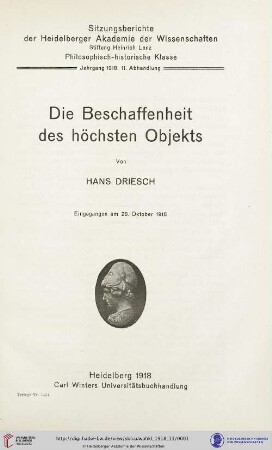 1918, 11. Abhandlung: Sitzungsberichte der Heidelberger Akademie der Wissenschaften, Philosophisch-Historische Klasse: Die Beschaffenheit des hoechsten Objekts