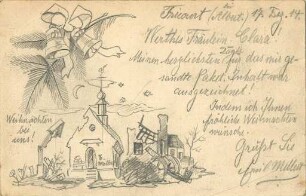 Erster Weltkrieg - Postkarten "Aus großer Zeit 1914/15". Feldpostkarte mit selbst angefertigter Bleistiftzeichnung auf der Bildseite