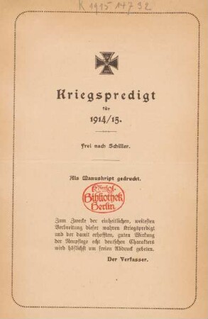 Kriegspredigt für 1914/15 : frei nach Schiller
