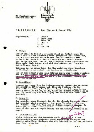 Protokolle: IBA - Jour fixe Luisenstadt, 1984