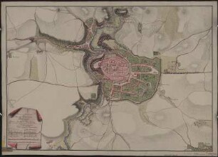 Plan und Situation der Haupt-Sechsstadt Budissin, Handzeichnung, 1778 : Plan und Situation der Haupt-Sechsstadt Budissin in dem Marck-Grafthum OberLausitz / nach Schritten aufgenommen von D. E. Gadow Ing. Capit.. Gezeichnet von Ludewig v. Kanne Fahj.. - 1:6000. - [S.l.] , 1778. - 1 Kt. : kolor. Handzeichnung , 71 x 51