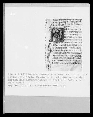 mittelalterliche Handschrift mit Texten zu den Festen des Kirchenjahres — Initiale N, Folio fol. 4 v