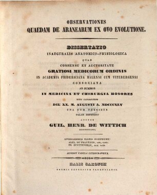 Observationes quaedam de aranearum ex ovo evolutione : accedit tabula lithographica