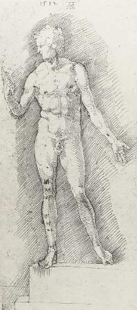 Stehende männliche Figur vor schraffiertem Grund : Dresdner Skizzenbuch (1507/1528). Stehende männliche Figur vor schraffiertem Grund (bez. und dat. 1512, aus: R. Bruck: Das Skizzenbuch von Albrecht Dürer, Straßburg 1905, Tafel 2, Blatt 118, Kriegsverlust). Dresden: SLUB Mscr.Dresd.R.147.f
