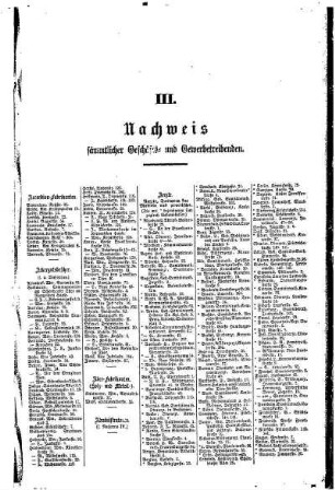 III. Nachweis sämmtlicher Geschäfts= und Gewerbetreibenden