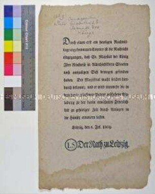 Bekanntmachung des Rates zu Leipzig über die verschobene Rückkehr von Friedrich August I. König von Sachsen