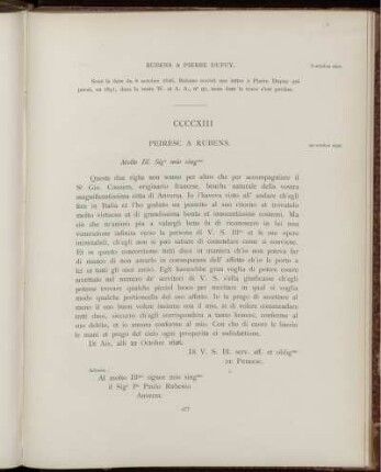 CCCCXIII. Peiresc à Rubens. Aix, 22 octobre 1626