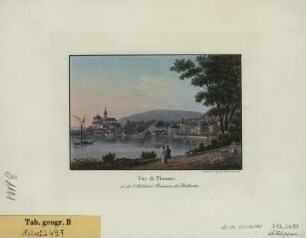 Ansicht von Thun, Schweiz, Kupferstich, um 1840 : Vue de Thoune, et de l'Hôtel et Pension de Bellevûe. - Zürich : R. Dikenmann , [um 1840?] 1840. - 1 Kunstbl. : Kupferstich ; 11 x 7 cm