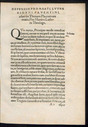 Didymi Faventini, adversus Thomam Placentium oratio, Pro Martino Luthero Theologo.
