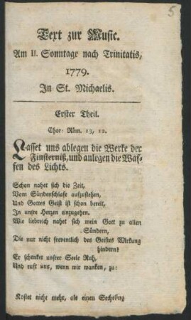 Text zur Music. Am II. Sonntage nach Trinitatis : 1779. In St. Michaelis
