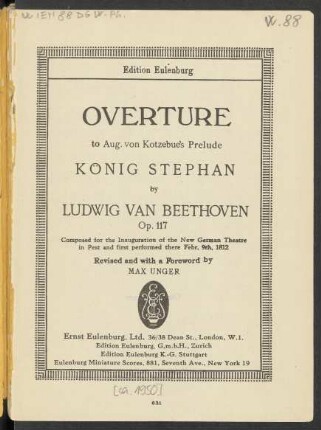 Overture to Aug. von Kotzebue's Prelude König Stephan : op. 117
