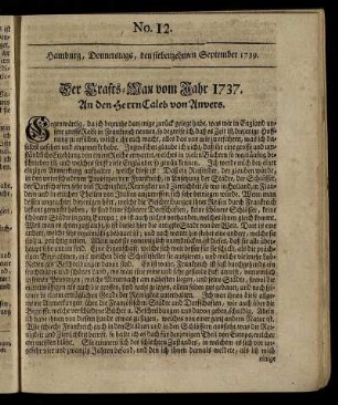 No. 12. Hamburg, Donnerstags, den siebenzehnten September 1739.