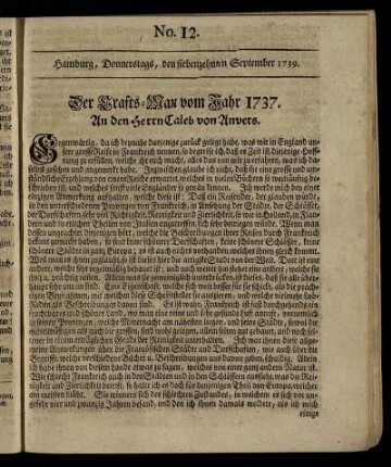 No. 12. Hamburg, Donnerstags, den siebenzehnten September 1739.