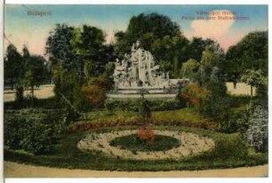 Budapest. Partie aus dem Stadtwäldchen mit Brunnen (1896) : Budapest. Partie im Stadtwäldchen mit Stadtwaldbrunnen "Sió-Märchenbrunnen" (1896; György Lajos Mátray)