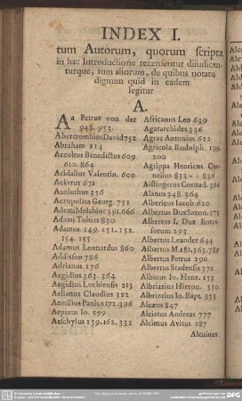 Index I. tum Autorum, quorum scripta in hac Introductione recensentur diiudicanturque, tum aliorum, de quibus notatu dignum quid in eadem legitur