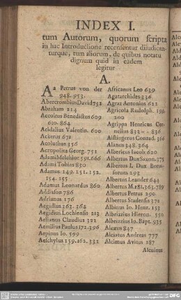 Index I. tum Autorum, quorum scripta in hac Introductione recensentur diiudicanturque, tum aliorum, de quibus notatu dignum quid in eadem legitur