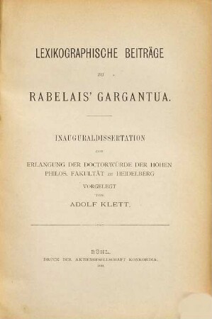 Lexikographische Beiträge zu Rabelais' Gargantua