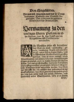 Vermanung zu den wirdigin Herrn Pastorn ... das sie das Volck von den Ehegelübden offt Christlich erinnern wollen.