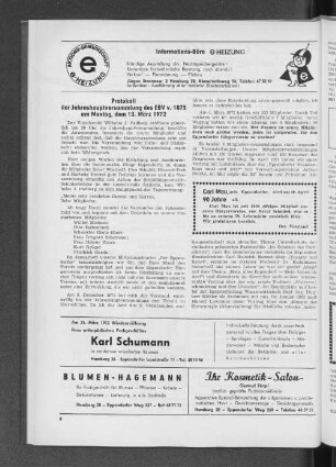 Protokoll der Jahreshauptversammlung des EBV v. 1875 am Montag, dem 13. März 1972