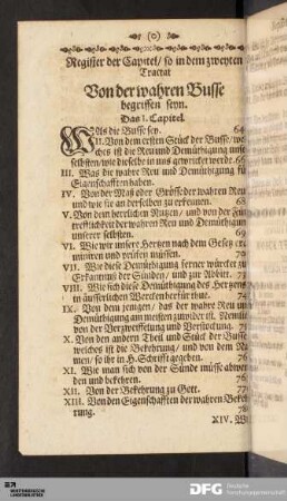 Register der Capitel/ so in dem zweyten Tractat Von der wahren Busse begriffen seyn.