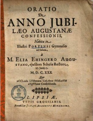 Oratio De Anno Jubilaeo Augustanae Confessionis
