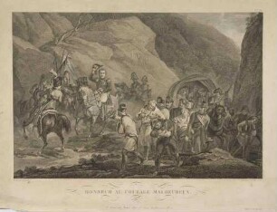 Kaiser Napoleon I. reitet mit Gefolge und gezogenem Hut im Gebirge an einem Zug verwundeter Truppen vorbei