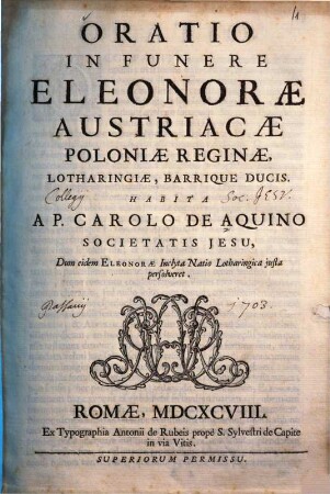 Oratio in funere Eleonorae Austriacae, Poloniae reginae, Lotharingiae, Barrique ducis
