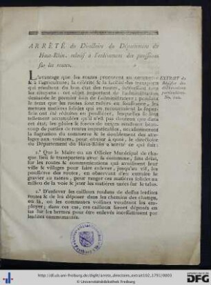 Arrèté du Directoire du Département du Haut-Rhin. relatif à l'enlévement des poussières sur les routes.