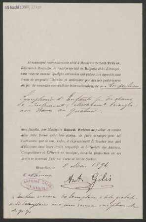 Verlagsschein über "ma Composition Symphonie d'Enfants [...]"