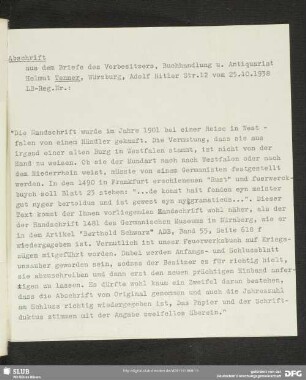 Masch. Briefabschrift: Würzburger Antiquariat Helmut Tenner über die Handschrift; Rückseite leer