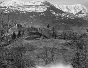 Berglandschaft : Bäume an einem Berghang mit einer Hütte. Im Hintergrund eine verschneite Bergkuppe
