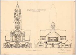 Paulus-Kirche und Pfarrhaus, Friedenshütte: Vorder- und Choransicht 1:100