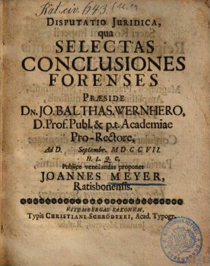 Disputatio Juridica, qua Selectas Conclusiones Forenses
