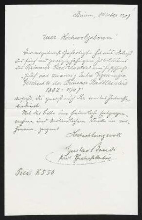 Brief von Gustav Bondi an Gerhart Hauptmann