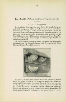 Jahresbericht 1950 der Staatlichen Vogelschutzwarte Ludwigsburg