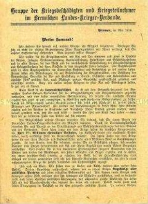 Werbeflugblatt des Bremer Landesverbandes der Gruppe der Kriegsbeschädigten und -teilnehmer