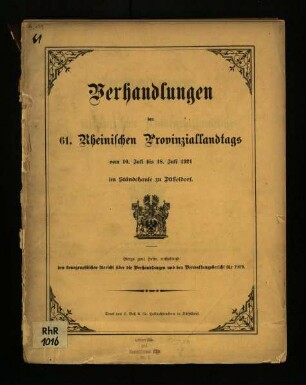 Verhandlungen des 61. Rheinischen Provinziallandtags / 61.1921