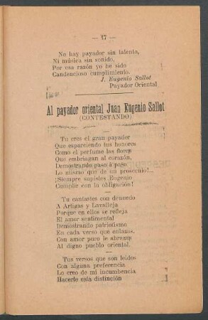 Al payador oriental Juan Eugenio Sallot : (Contestando)