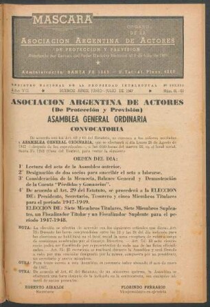 Asociación Argentina de Actores : (De Proteccion y Ayuda Mutua) - Asamblea General Ordinaria - Convocatoria